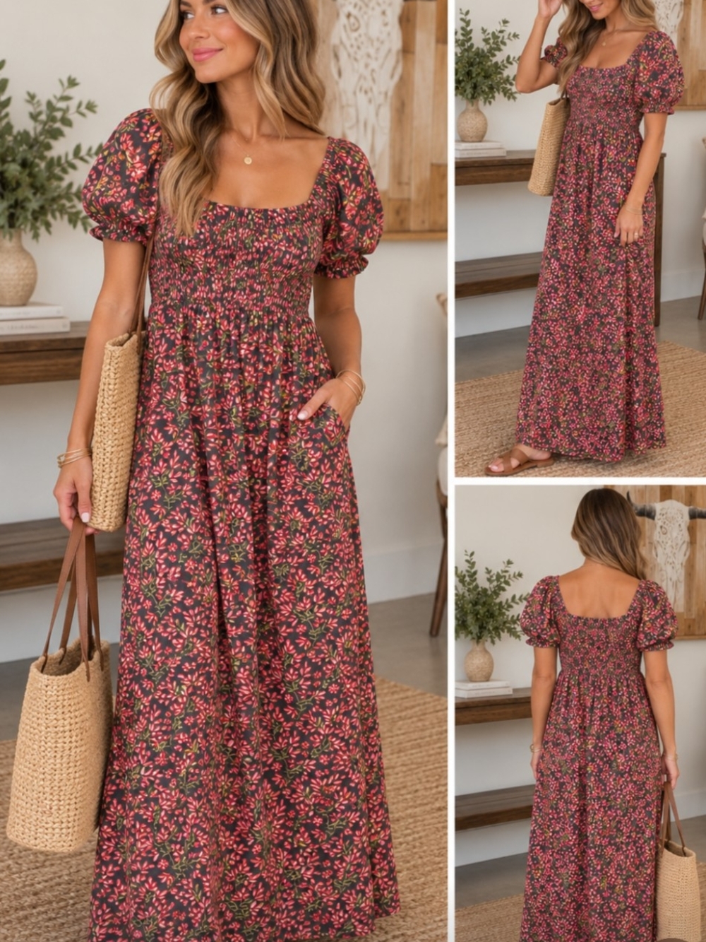 Smocked Square-Neck Maxi Dress in Pink Floral